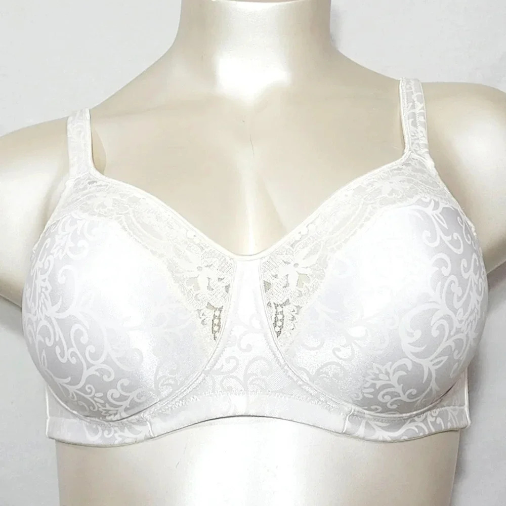40C Exquisite Form 2506‎ Jacquard Satin & Lace Soft Cup Wire Free Bra White NWOT